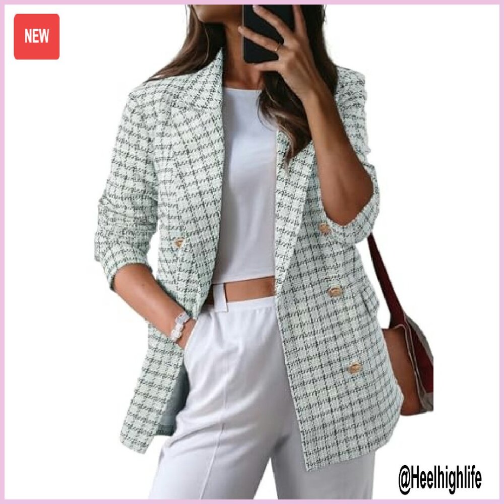 Women's Plaid Tweed Blazer Double Breasted Open Front Work Jacket - Picture 2 of 8